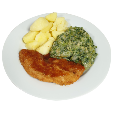 Kipschnitzel Kippenjus andijvie a la créme Aardappelen gekookt